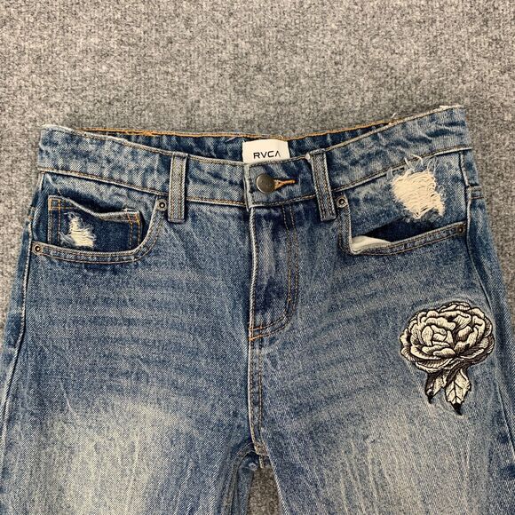 RVCA Jean Women 25 Indigo Worn Kewl Kid Anp Denim Boyfriend Embroidered Rip Knee - Picture 4 of 15